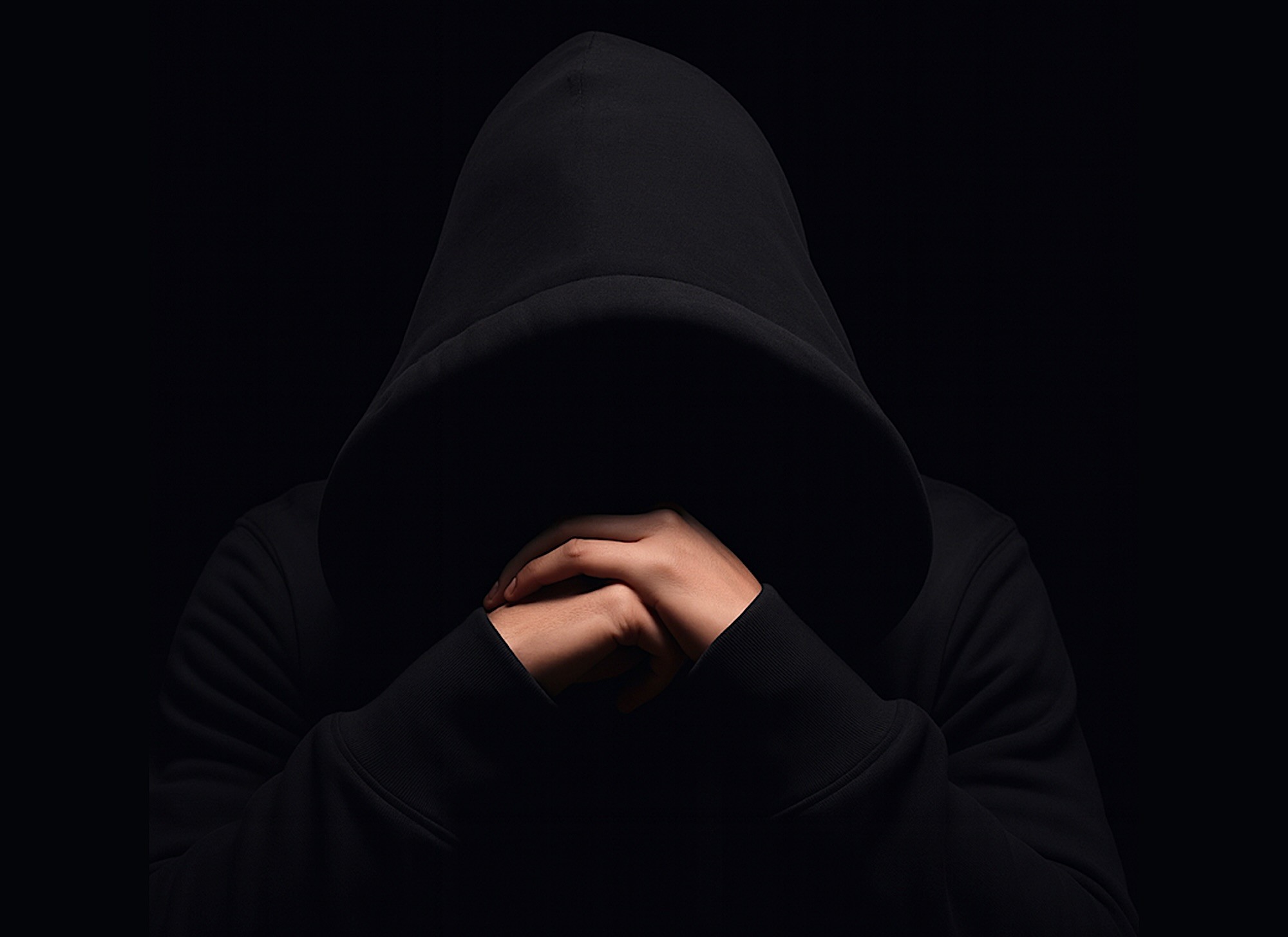 A pair of hands folded in a darkened room